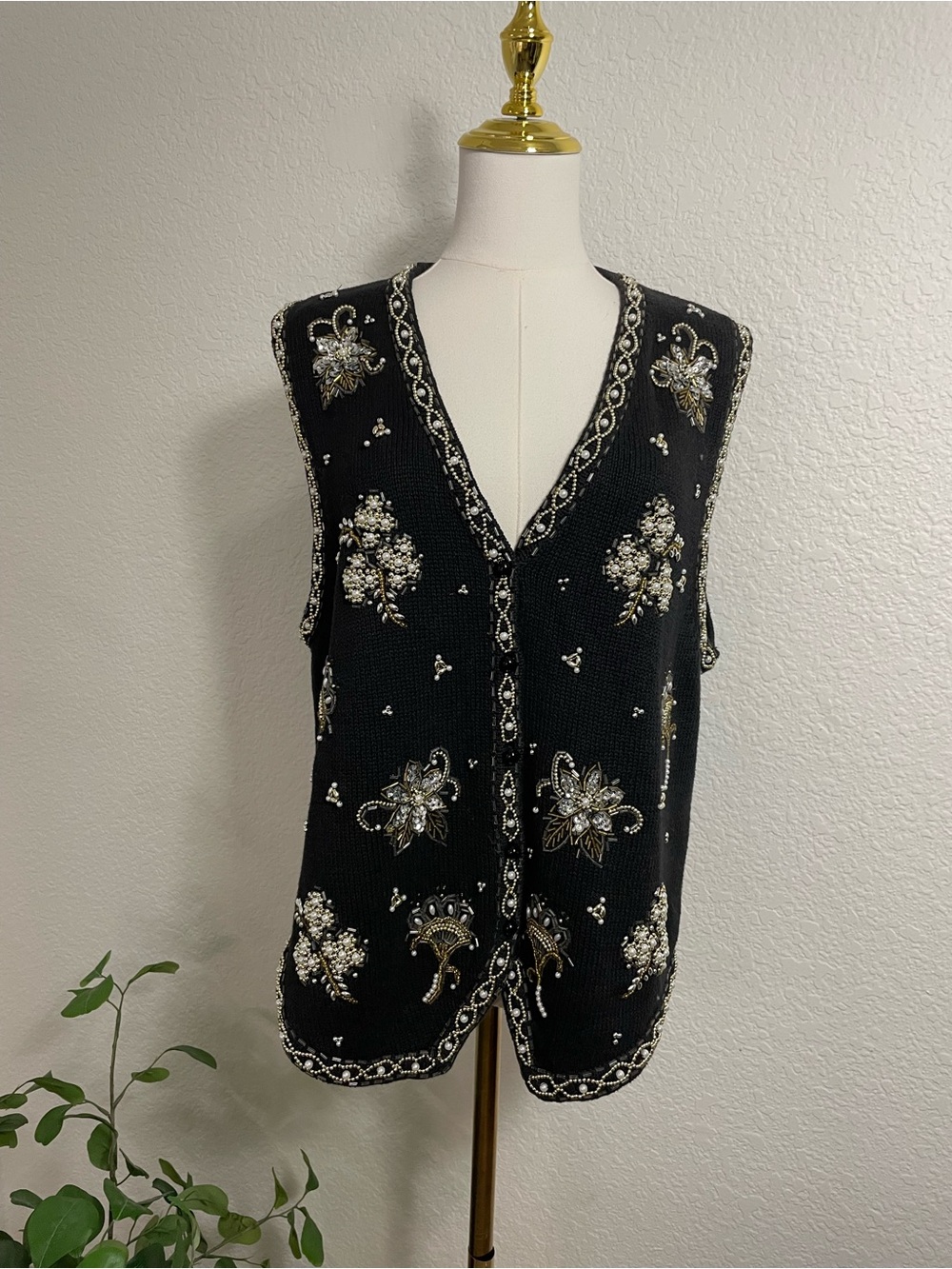 Vintage 90s Yarnworks Black Beaded Pearl Sweater Vest Size L